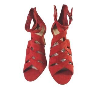 Lord & Taylor Womens Gema Strappy Heeled Sandals Red Suede Ankle Strap Zip 8.5 M